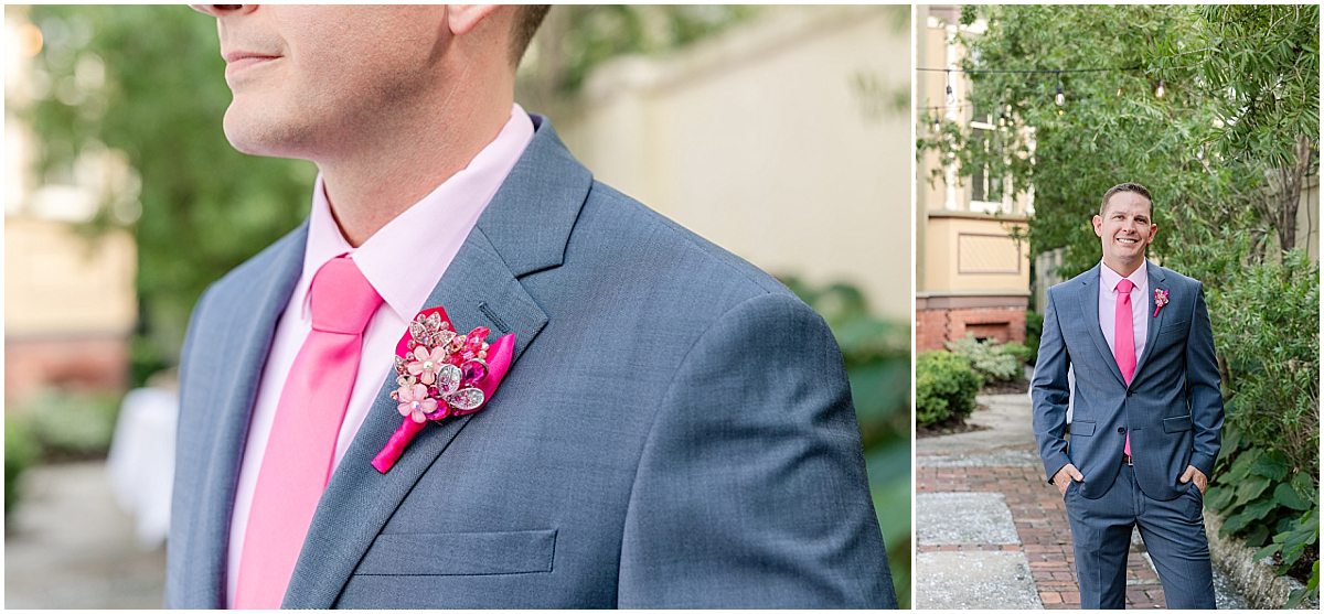 groom with gray suit and pink shirt at whitman savannah