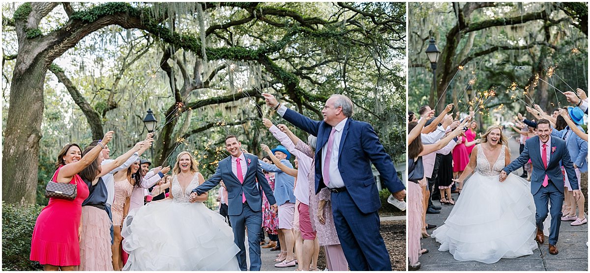 bride and groom at sparkler exit running through sparklers held by guests by savannah wedding photographer amber elizabeth weddings