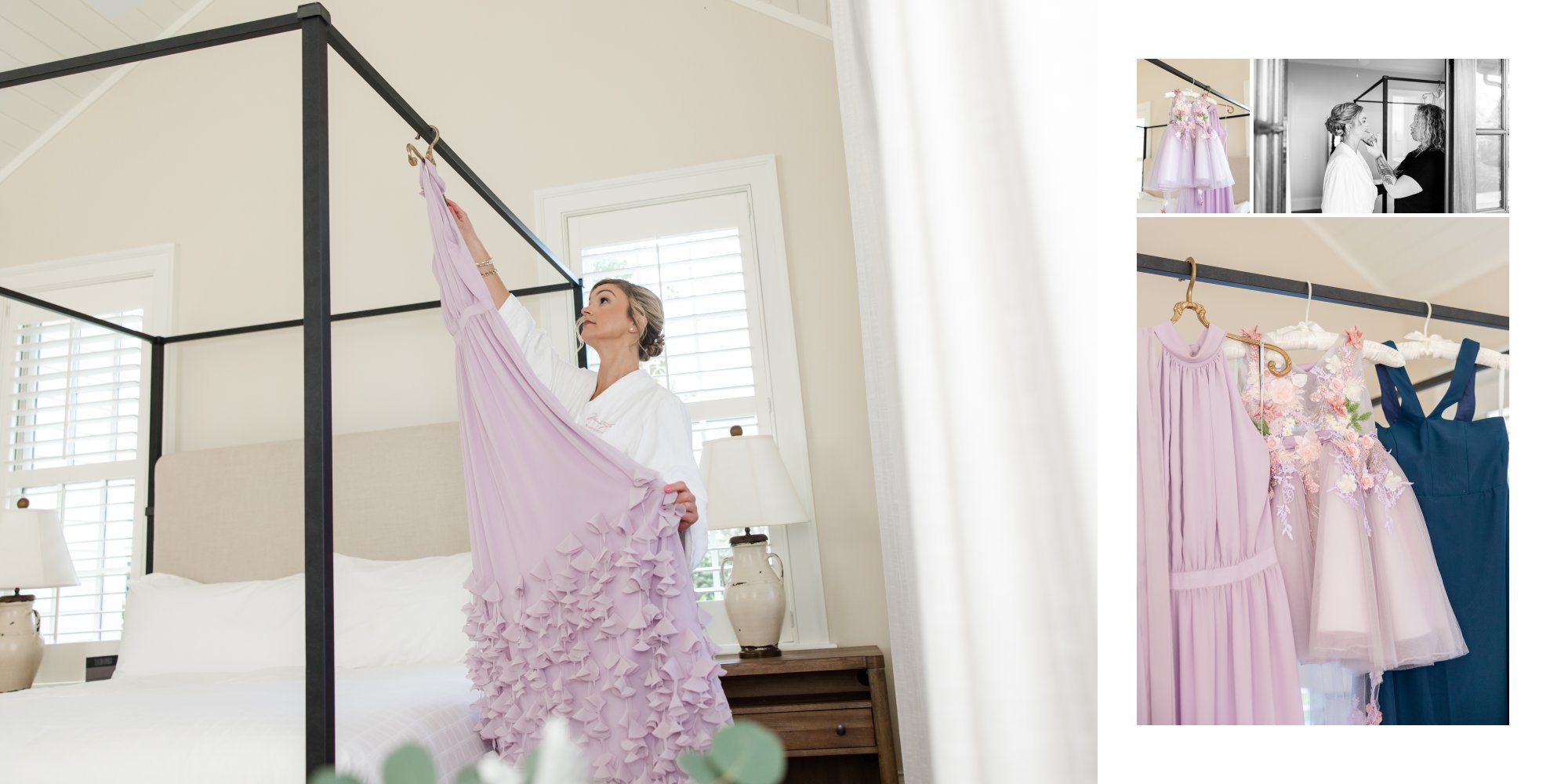 bride looking at dress hanging up in her room by savannah wedding photographer amber elizabeth weddings