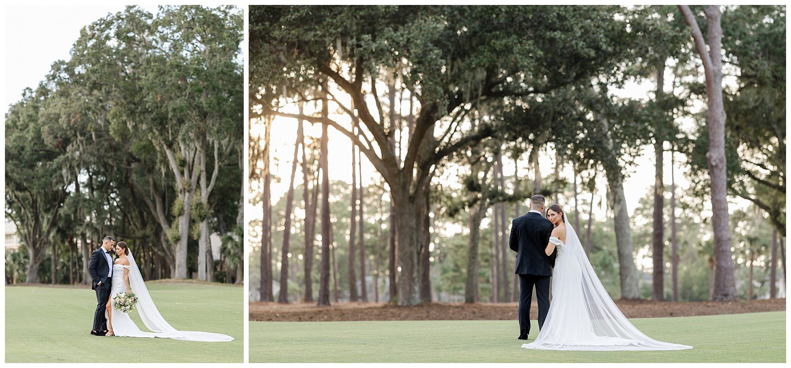 bride and groom posing on a golf course on hilton head